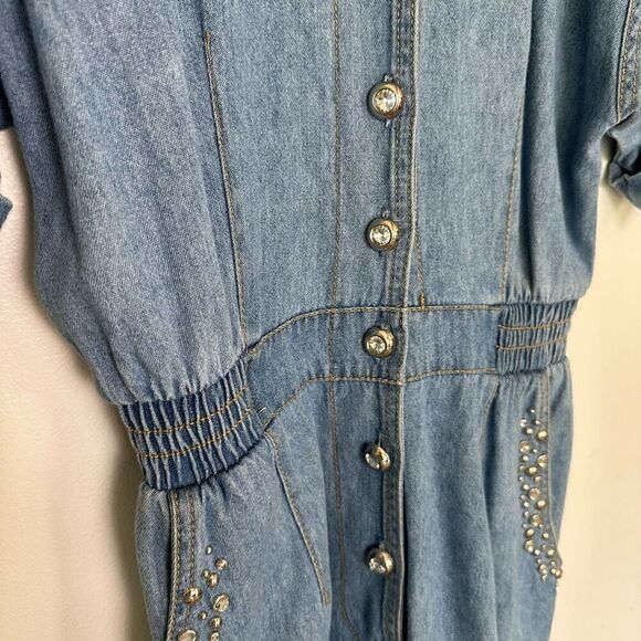 Monique Fashions Women’s Silver Tone Glitzy Studded Denim Short Button Front Rom - Picture 12 of 12